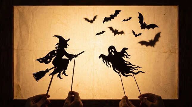 Halloween shadow puppets of a witch on a broomstick and a ghost with bats against a backlit parchment paper background