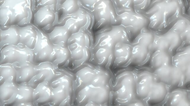 White brain convolutions and viscous cerebral folds undulate slowly under soft ambient lighting in a glossy seamless loop 3D animation