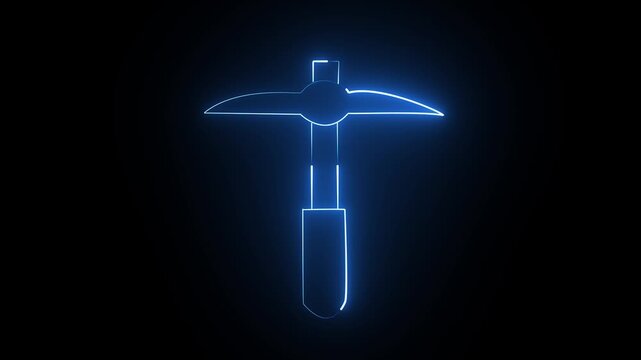Glowing Blue Neon Pickaxe Mining Tool Icon Animation on Black Background Loop