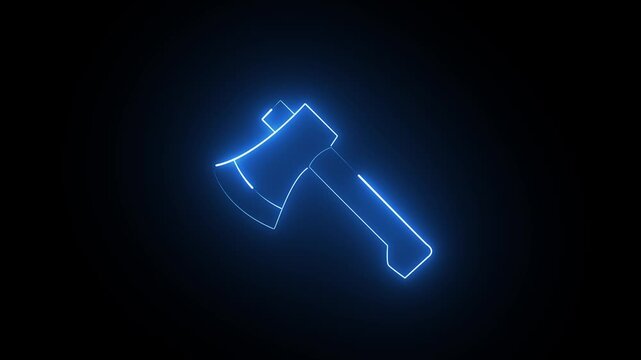 Glowing Blue Neon Axe Tool Icon Animation on Black Background Loop