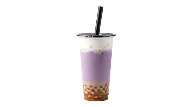 Purple bubble tea cup with tapioca pearls and straw, trendy Taiwanese milk tea drink