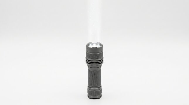 Metallic handheld flashlight pointing upward emitting vertical beam on white background. Compact tactical torch with textured metal body and bright light ray for commercial design.