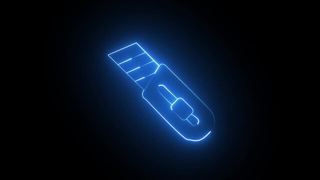 Glowing Blue Neon Utility Knife Cutter Icon Animation on Black Background Loop