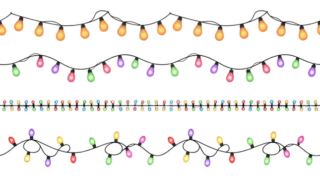 Set of colorful christmas string lights in different styles and shapes for holiday decoration isolated on a white background
