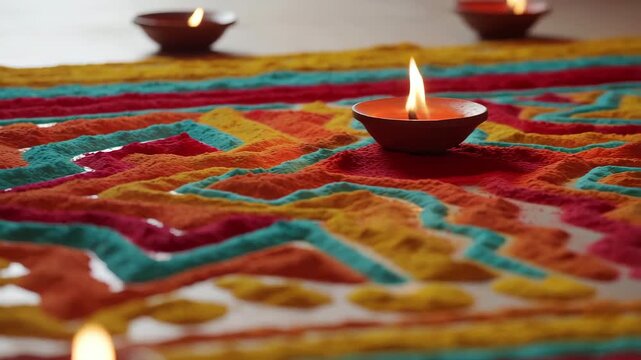 60 FPS close up glide over colorful rangoli powder pattern with flickering clay oil lamps