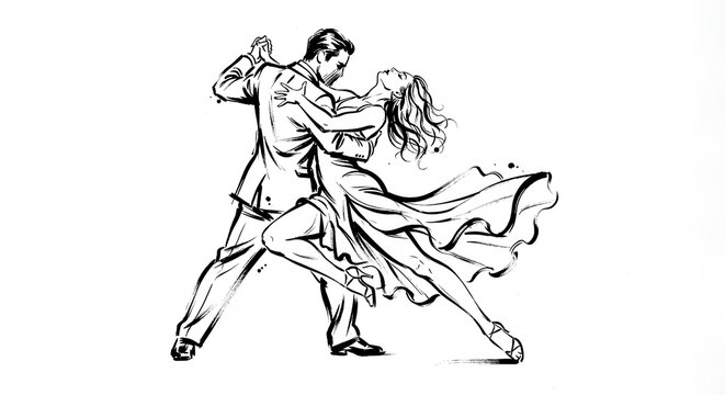 Passionate Argentine Tango Dancing Couple Line Art Illustration