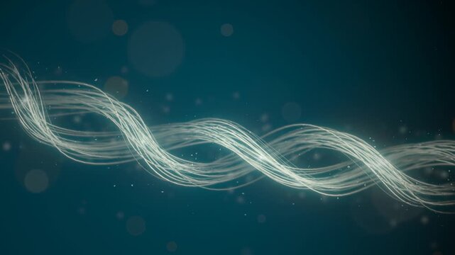 Pearl and gold filaments braid in a slow weave over rich petrol teal with soft glints at the crossings and the upper right kept clear for brand marks