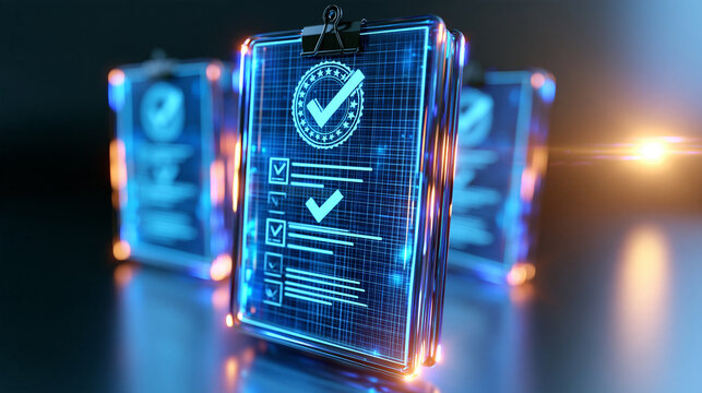 3d render of digital certification checklists on a bright background quality assurance business verification streamline process performance audit system control improved efficiency