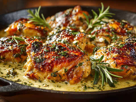 Smothered chicken thighs baking in a creamy onion and garlic sauce
