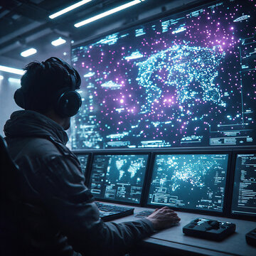 Operator tracking autonomous ships and drones on a massive 3D holographic map inside a smart cargo hub
