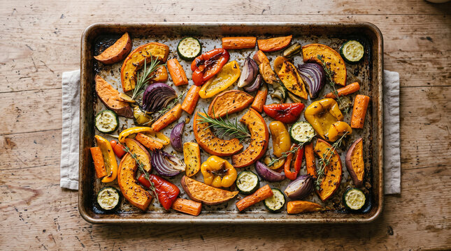 freshly baked roasted vegetables tray featuring squash, peppers, and zucchini