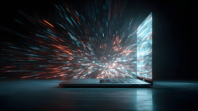 Laptop screen shows a file transfer with many files flying out of the screen. Concept of technology and productivity, as well as the idea of information being shared and transferred