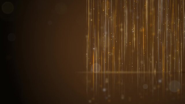 Amber light rain falls to a glossy floor over warm mocha with stretched blurred reflections below and a clear left side for jewelry display