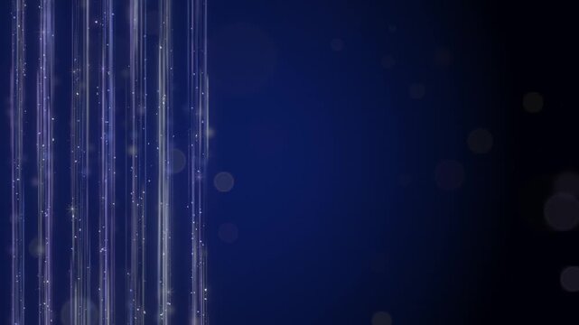 Platinum and lavender light columns rise and descend in opposite directions over midnight indigo with the right side held clear for corporate slides
