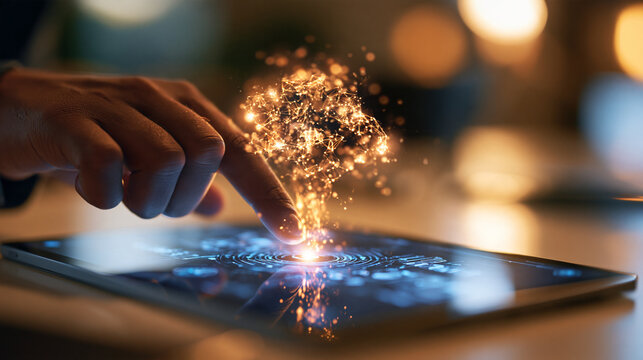 Hand interacting with a digital interface on a tablet in a modern minimal ui highlighting an AI process encountering a bottleneck on a bright desk symbolizing automation challenges