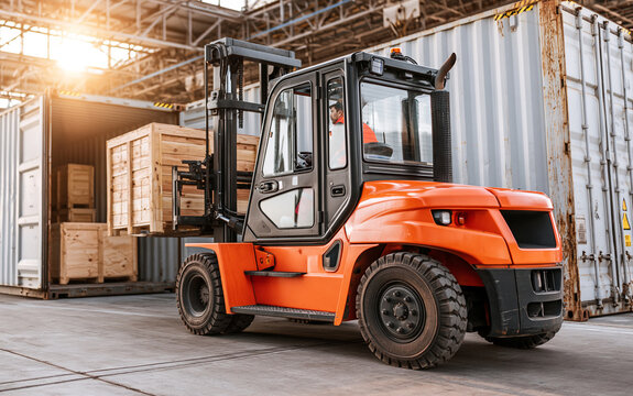 Orange forklift loading wooden crates into shipping container