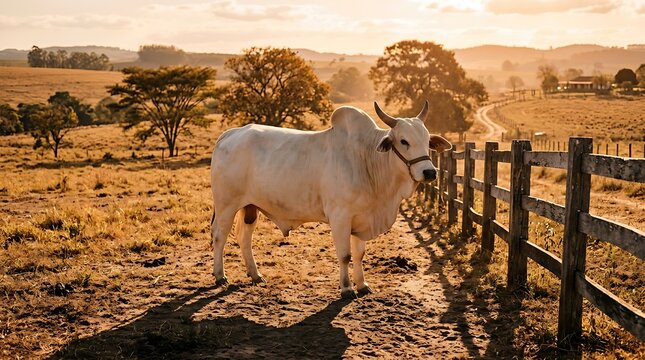 White zebu bull standing in a rural pasture during golden hour at a