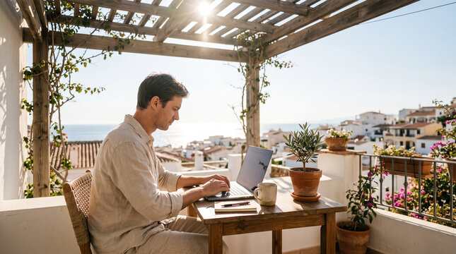Man working remotely on laptop at terrace with sea view in Mediterranean village