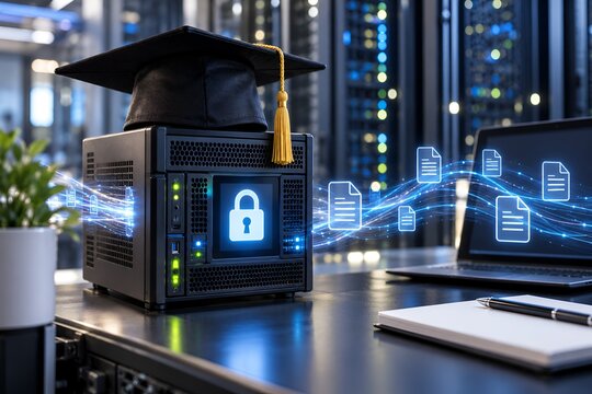Digital education technology and data protection with graduation cap on server