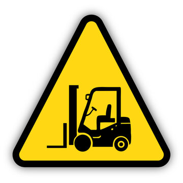 Forklift truck yellow triangle warning sign for moving machinery in warehouse. Transparent background.