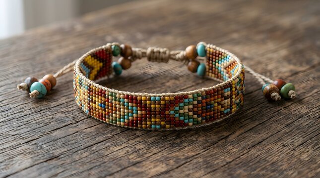 Handcrafted beaded bracelet with tribal patterns on rustic wooden surface for international day of the worlds indigenous peoples cultural concept