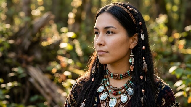 Indigenous girl with tribal jewelry looking thoughtfully in sunlit forest celebrating international day of the worlds indigenous peoples for cultural heritage concept