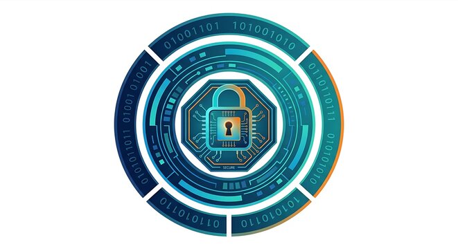 Minimalist 2.5D Isometric Circular Emblem Logo with Outer Binary Ring, Nested Encryption Rings, and Padlock Microchip Core Isolated on White Background