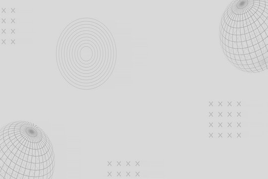 Grey Minimal Background with Wireframe Globe, Concentric Circles and Cross Pattern, Tech Memphis Style
