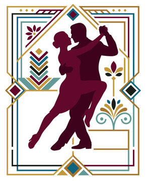 Elegant Argentine tango dance school enrollment banner with a central dancing couple and geometric gold charcoal and burgundy decorative frame with copy space