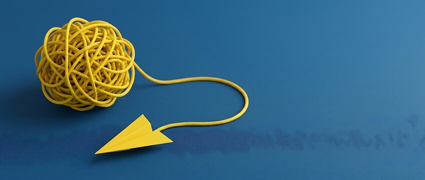 Concept of creative problem solving and innovation featuring a yellow paper plane untangling a messy ball of rope on a blue background, representing a simple solution for complex challenges.