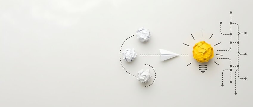 Concept of creative thinking and innovation featuring a paper airplane flying towards a yellow crumpled paper light bulb on a white background, representing the journey from drafts to a final idea.