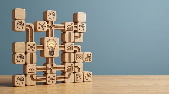 Concept of creative thinking and business automation using wooden blocks with icons of lightbulb, gears, and data charts connected by paths on a wooden table against a blue background