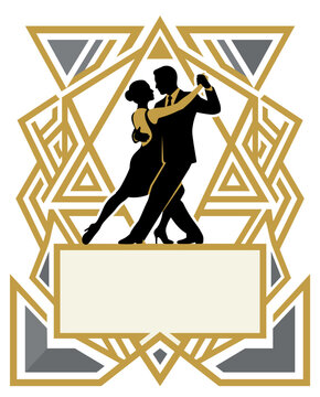 Elegant tango masterclass flyer with dancing couple and gold geometric frames concept of Argentine culture dance education and romantic performance