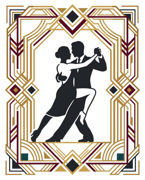 Sophisticated milonga night flyer with tango couple and Art Deco geometric ornaments concept of Argentine dance culture elegance and event design