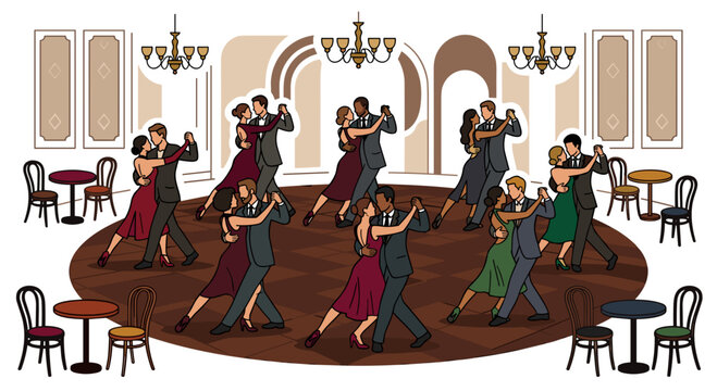 Multiple elegant couples in formal evening attire dancing argentine tango on circular wooden ballroom floor under ornate chandeliers concept of social milonga atmosphere