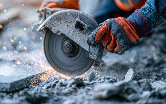 A view of a construction employee using a power saw to cut a concrete surface. An industrial circular saw blade grinding cement as part of demolition work. Home repair and remodeling project