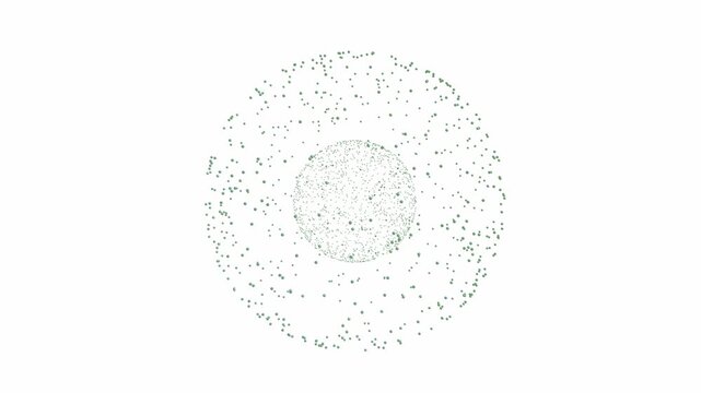 Minimal green particle sphere cluster and concentric outer point cloud rotate against a clean white backdrop in 3D