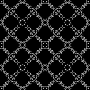 Bold White Floral Seamless Pattern on Black Background with Intricate Geometric Lattice, Botanical Motifs and Repeating Ornament