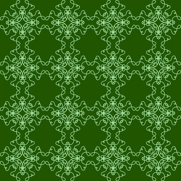 Elegant White Floral Seamless Pattern on Rich Green Background with Intricate Botanical Lattice and Repeating Decorative Motifs