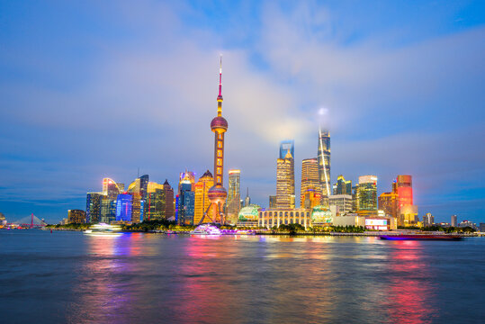 Shanghai,China,Pudong, The Bund: Scenic view of Skyscrapers with Oriental Pearl Tower, Huangpu river at downtown, Pudong, The Bund