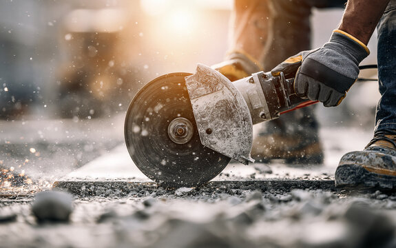 A view of a construction employee using a power saw to cut a concrete surface. An industrial circular saw blade grinding cement as part of demolition work. Home repair and remodeling project