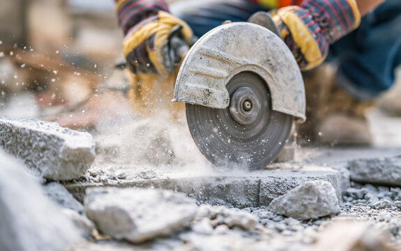 A view of a construction employee using a power saw to cut a concrete surface. An industrial circular saw blade grinding cement as part of demolition work. Home repair and remodeling project