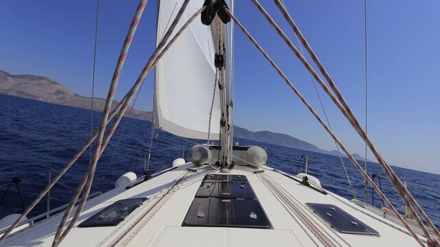 Sailing yacht deck with white sail raised