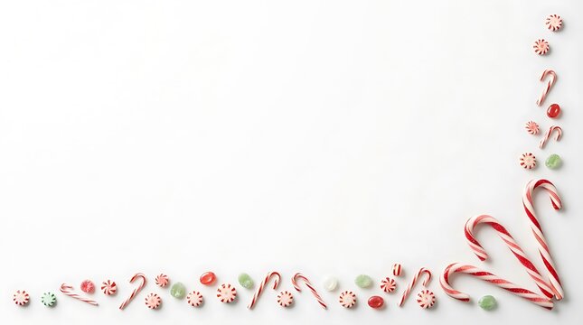 Christmas festive border made of candy canes and colorful sprinkles on a white background with copy space