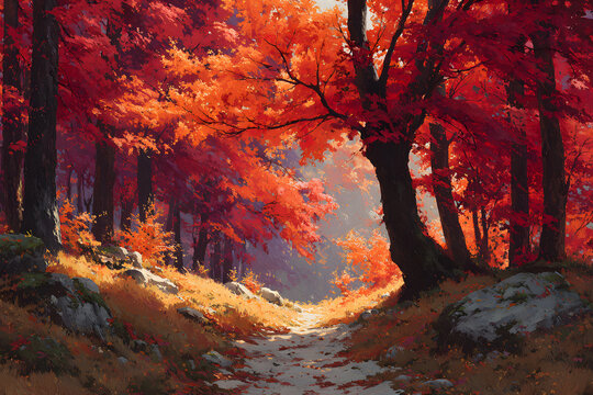鮮やかな紅葉と黄金色の光が広がる秋の背景