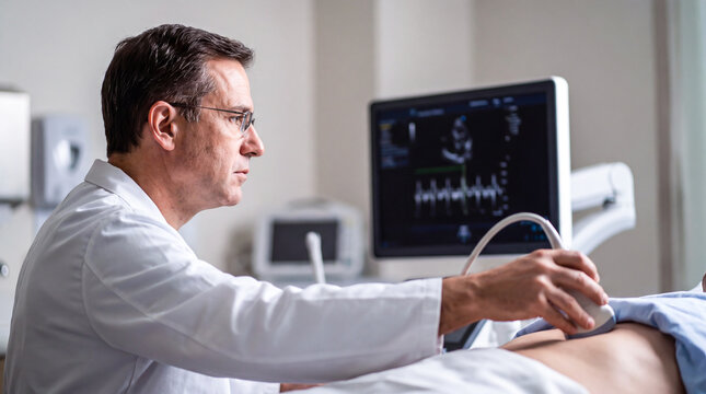 Cardiologist performing echocardiogram ultrasound exam on patient in