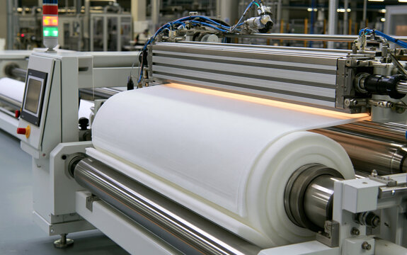 Molten hotmelt adhesive bonds fabric, foam layers in continuous roll to roll manufacturing process. Industrial machine ensures material integration