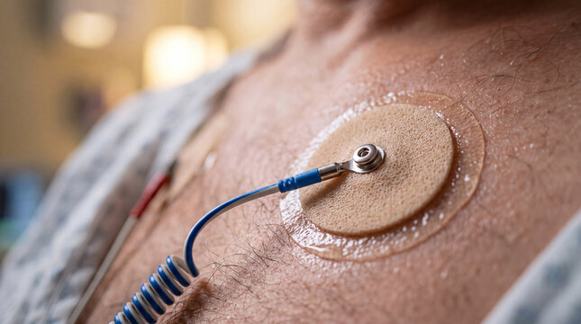 Medical ecg electrode patch attached to patient chest for heart