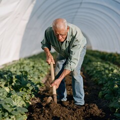 Fototapeta premium Older man hoeing soil in greenhouse rows for seasonal vegetable farm background and sustainability banner design
