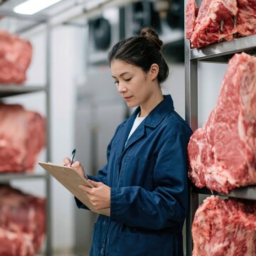 Female inspector checking beef inventory in refrigerated meat storage with clipboard for food safety and quality control background for industry poster and banner design